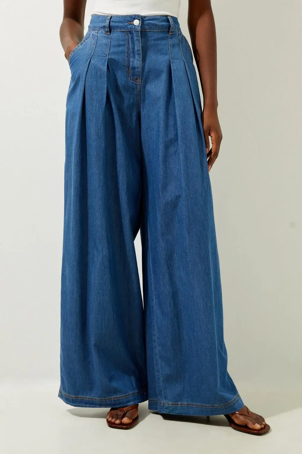 Tailored Chambray Denim Straight Leg Pleated Trousers