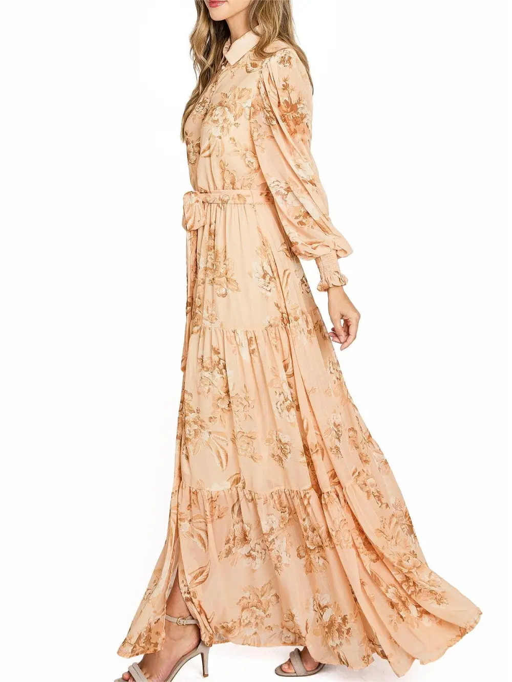 Apricot Floral Long - Sleeve Maxi Dress