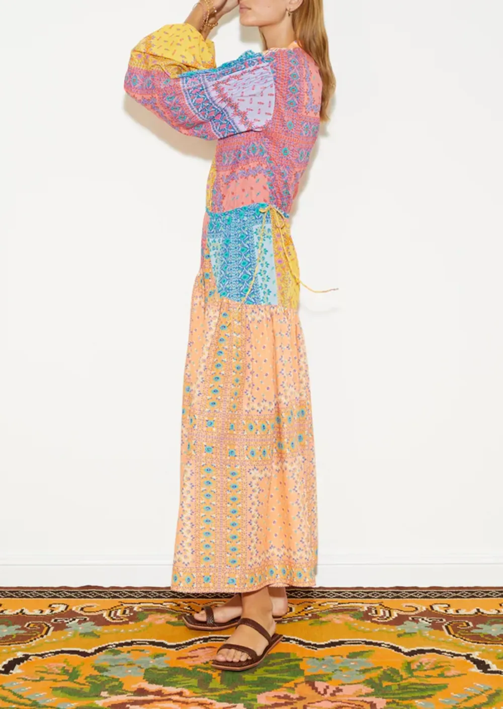 Patchwork Puff Seeve Maxi Smock Dress