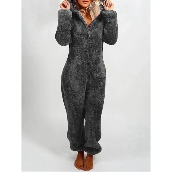 Women's Plus Size Adult Onesies Onesie Pajamas Pajama for Adult Pure Color Warm Fashion Plush Home Christmas Daily  Warm Hoodie Long Sleeve Fall Winter Black Red