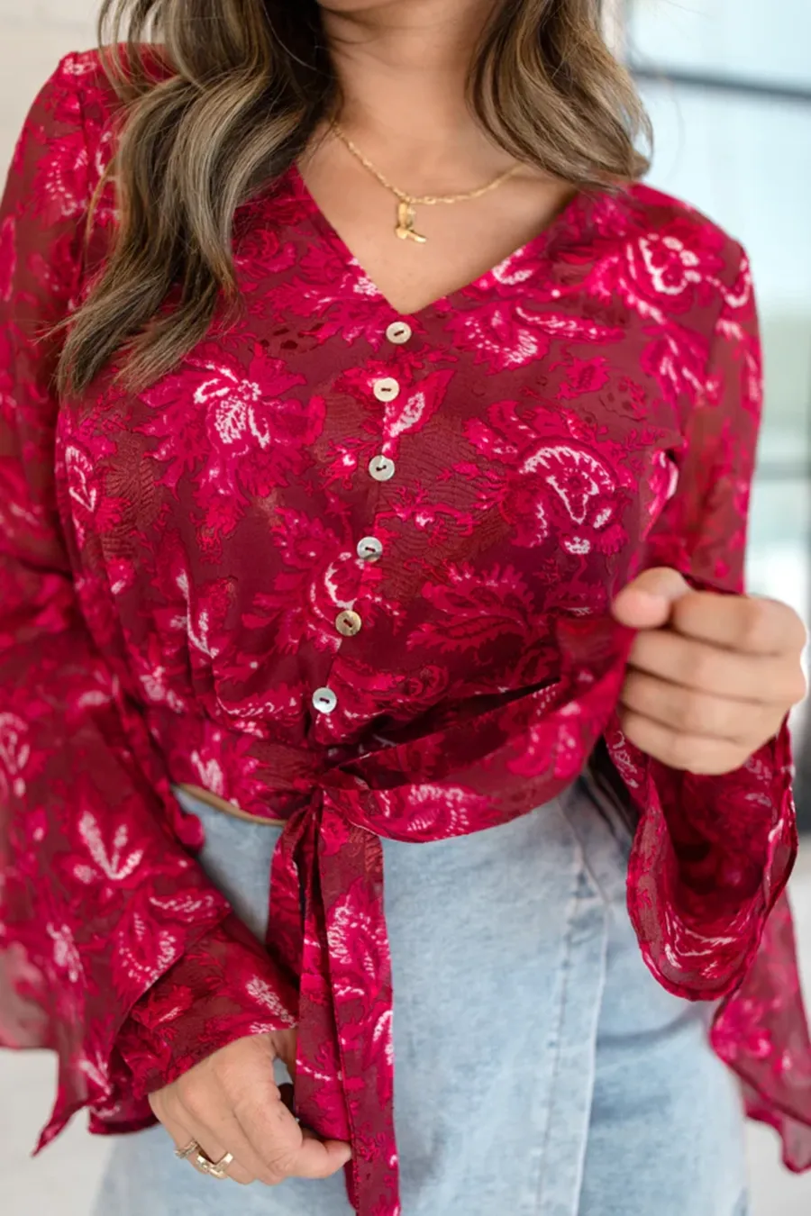 Berry Floral Bell Sleeve Tie Front Blouse