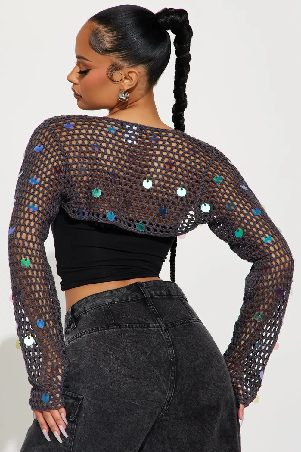 Bella Sequin Bolero Sweater - Charcoal