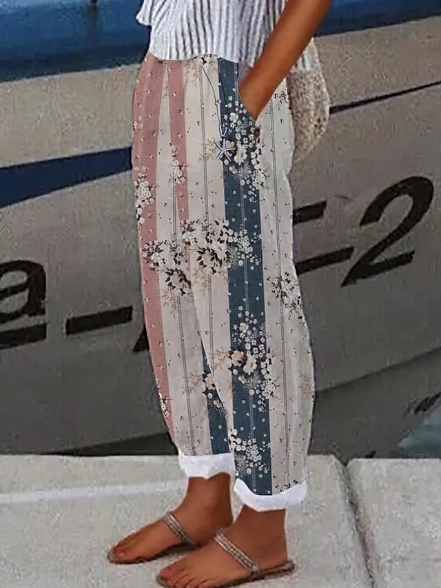 Women's Linen Pants Chinos Pants Trousers Full Length Faux Linen Side Pockets Baggy Micro-elastic Mid Waist Fashion Designer Casual Weekend White / Black White S M Summer Spring &  Fall
