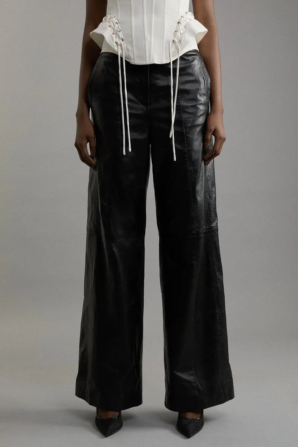 Mid Rise Wide Leg Leather Trousers