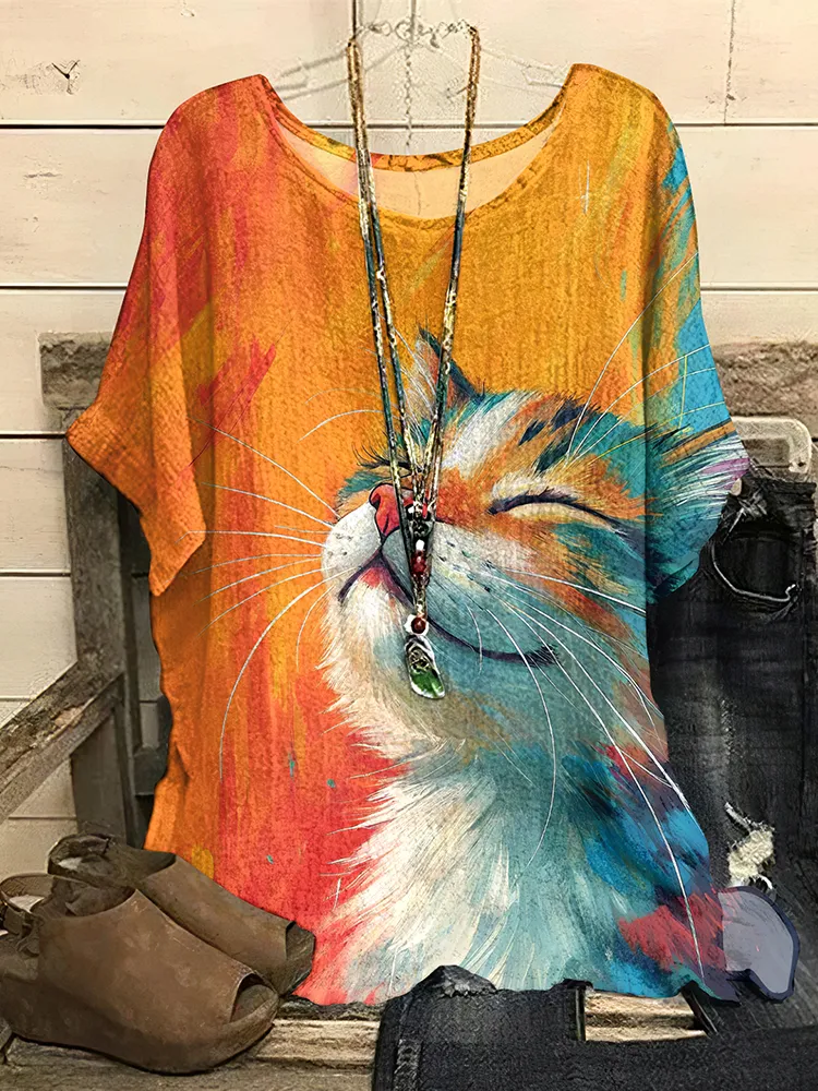 Women's Retro Oil Painting Pop Cat Round Collar T-shirt