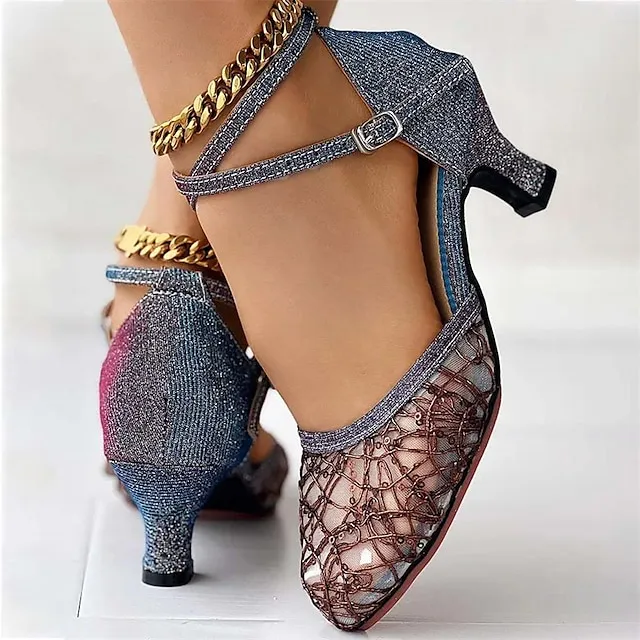 Women's Heels Wedding Shoes Sandals Sexy Shoes Stilettos Comfort Shoes Outdoor Daily Summer Sequin Low Heel Pointed Toe Fashion Elegant Sexy Mesh Cross Strap Solid Color Black 5.5cm Black 3.5cm Blue