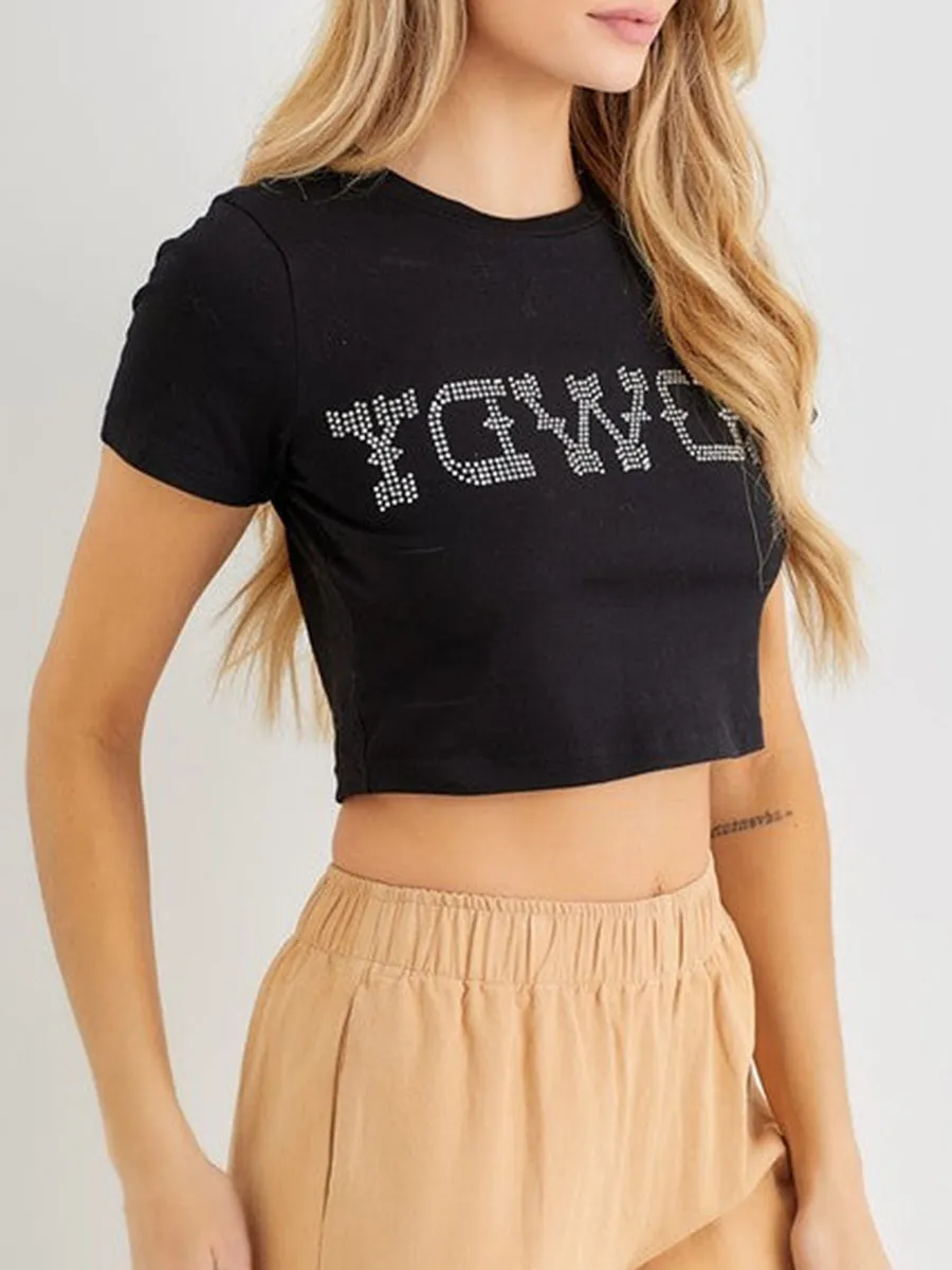 Rhinestone Crop Black Tee