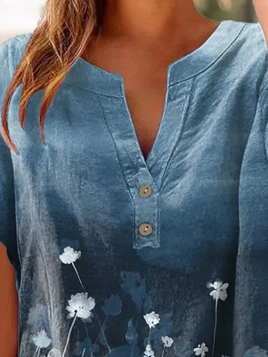 Women's Retro Casual Mushroom Dragonfly Cotton and Linen Shirt