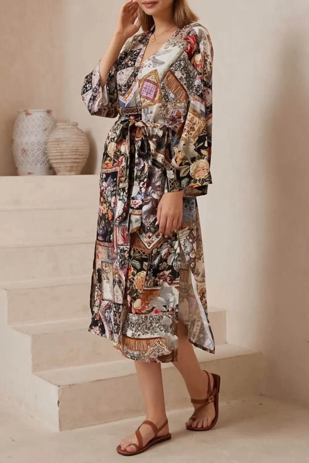 Wrap Kimono With Waist Tie In Print