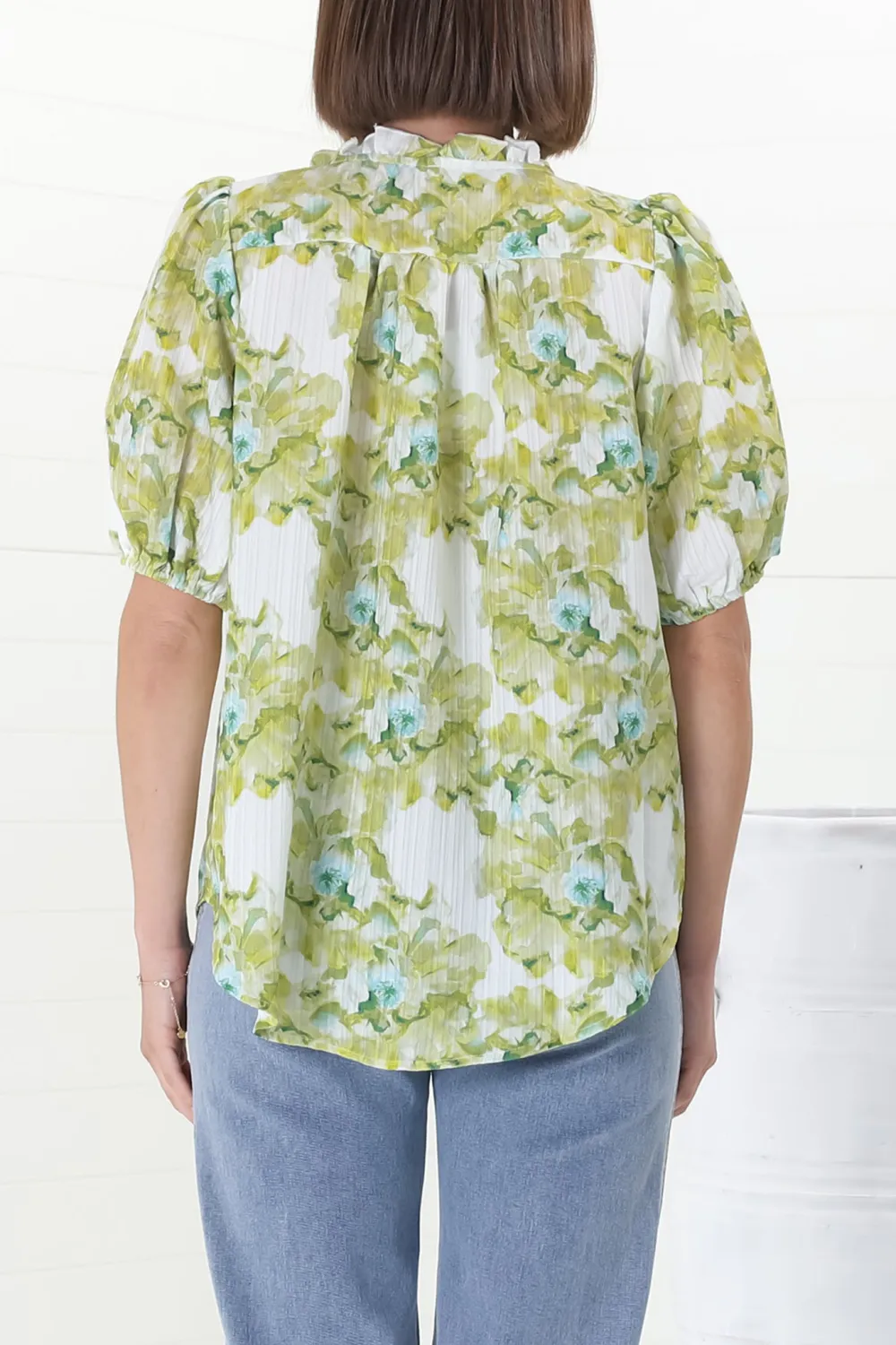 Green Floral Print Puff Sleeve V Neck Blouse