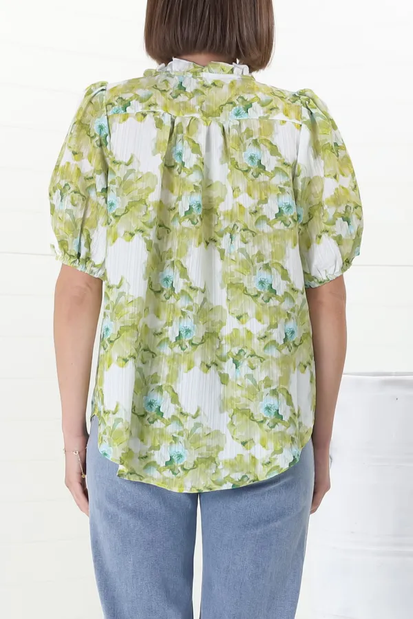 Green Floral Print Puff Sleeve V Neck Blouse