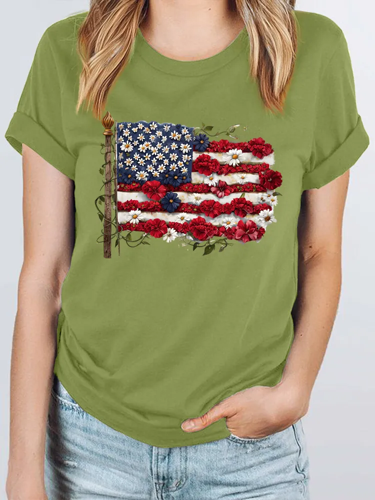 Woman'S Independence Day Floral Flag Print Short-Sleeved T-Shirt