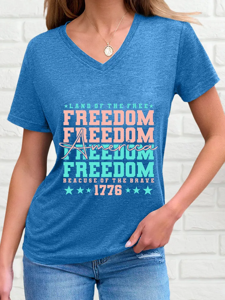 Woman'S America Freedom V-Neck And Short Sleeves T-Shirt