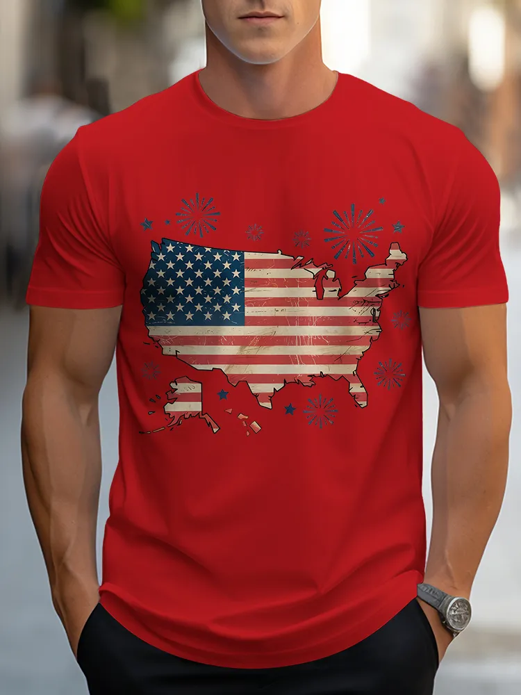 Man'S Fireworks And National Flag Round-Neck Short-Sleeved T-Shirt