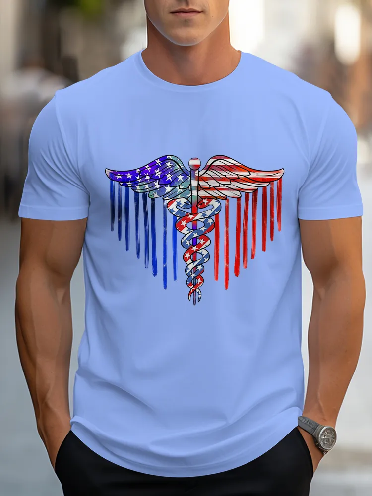 Man'S Star-Striped Wings Round-Neck Short-Sleeved T-Shirt