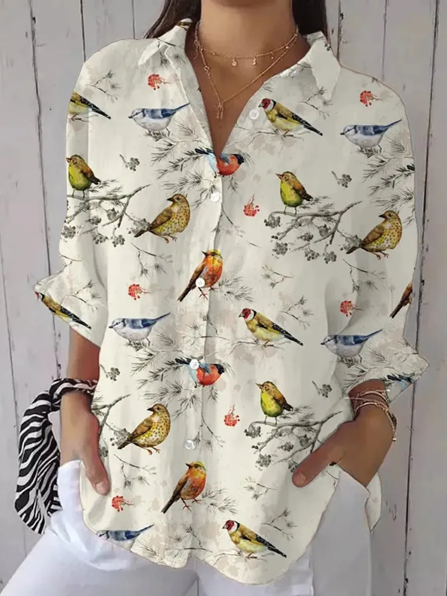 Women's Casual Forest Bird Print Shirt