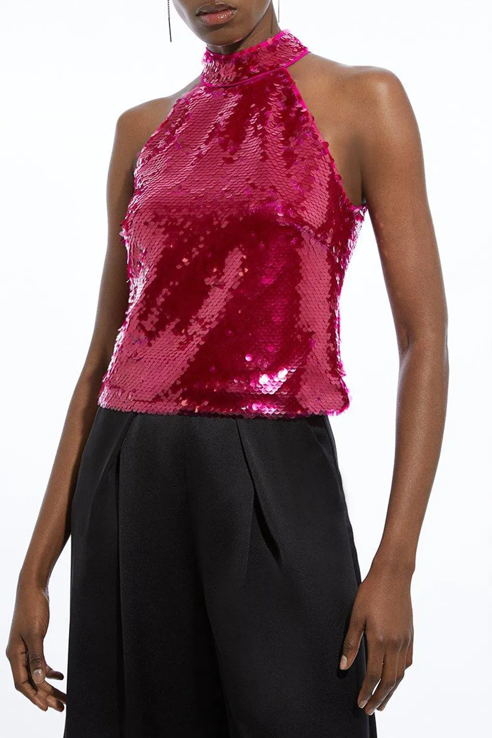 Layered Sequin Woven Halter Top