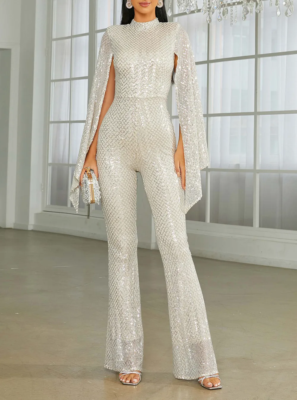 Stand Collar Cape Sleeve Sequin Jumpsuits