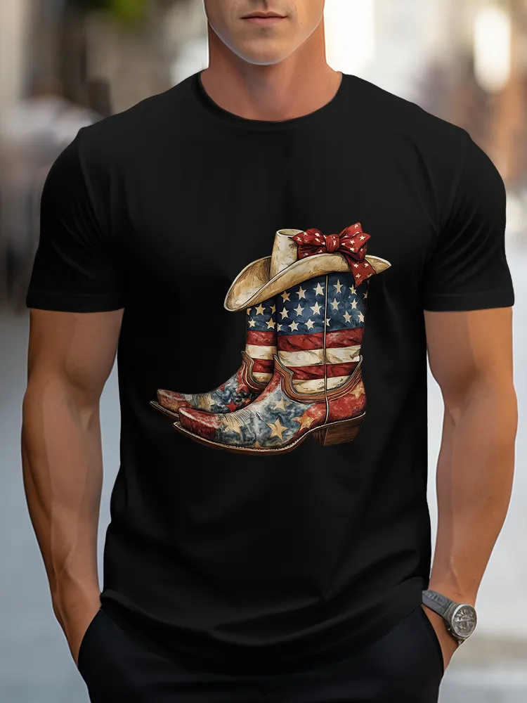 Man'S Star-Striped Western Boot Print Round-Neck Short-Sleeved T-Shirt