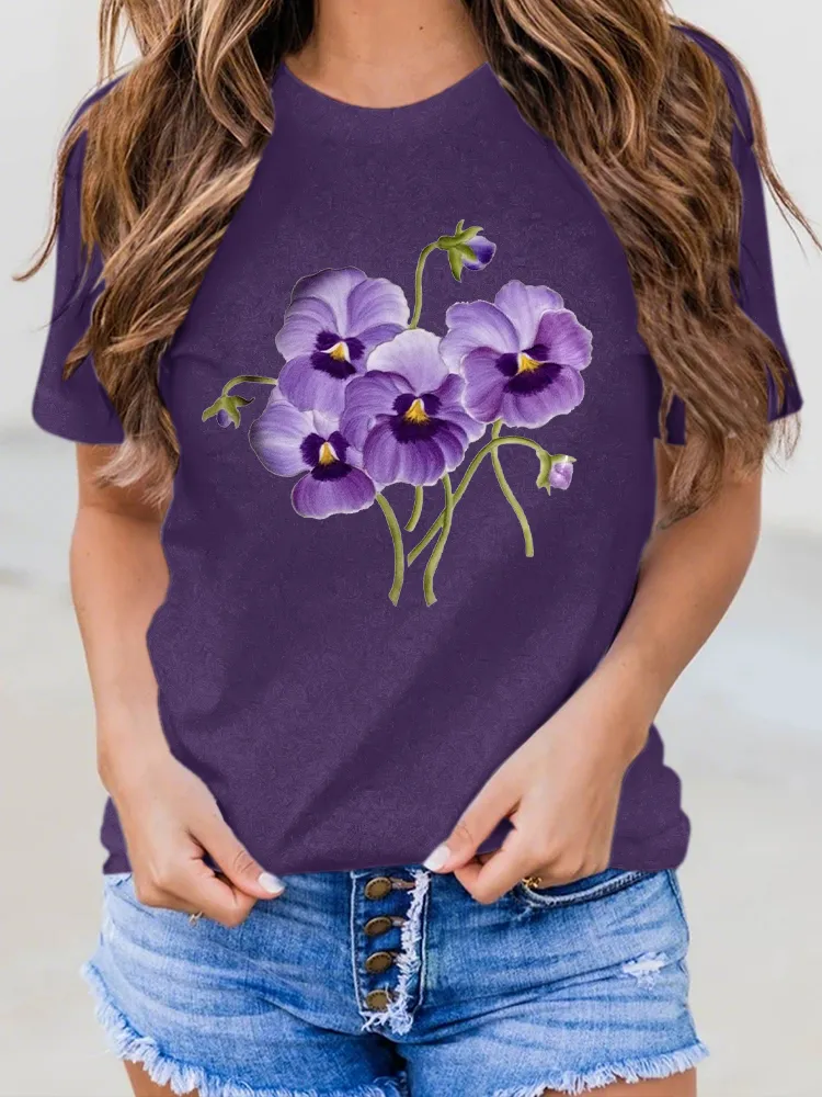 Women'S Floral Print Alzheimer'S Awareness Round-Neck Short-Sleeved T-Shirt