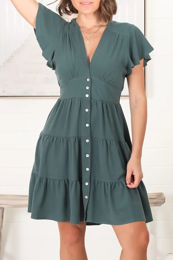 Dark Green Ruffled Tiered Button Down Dress