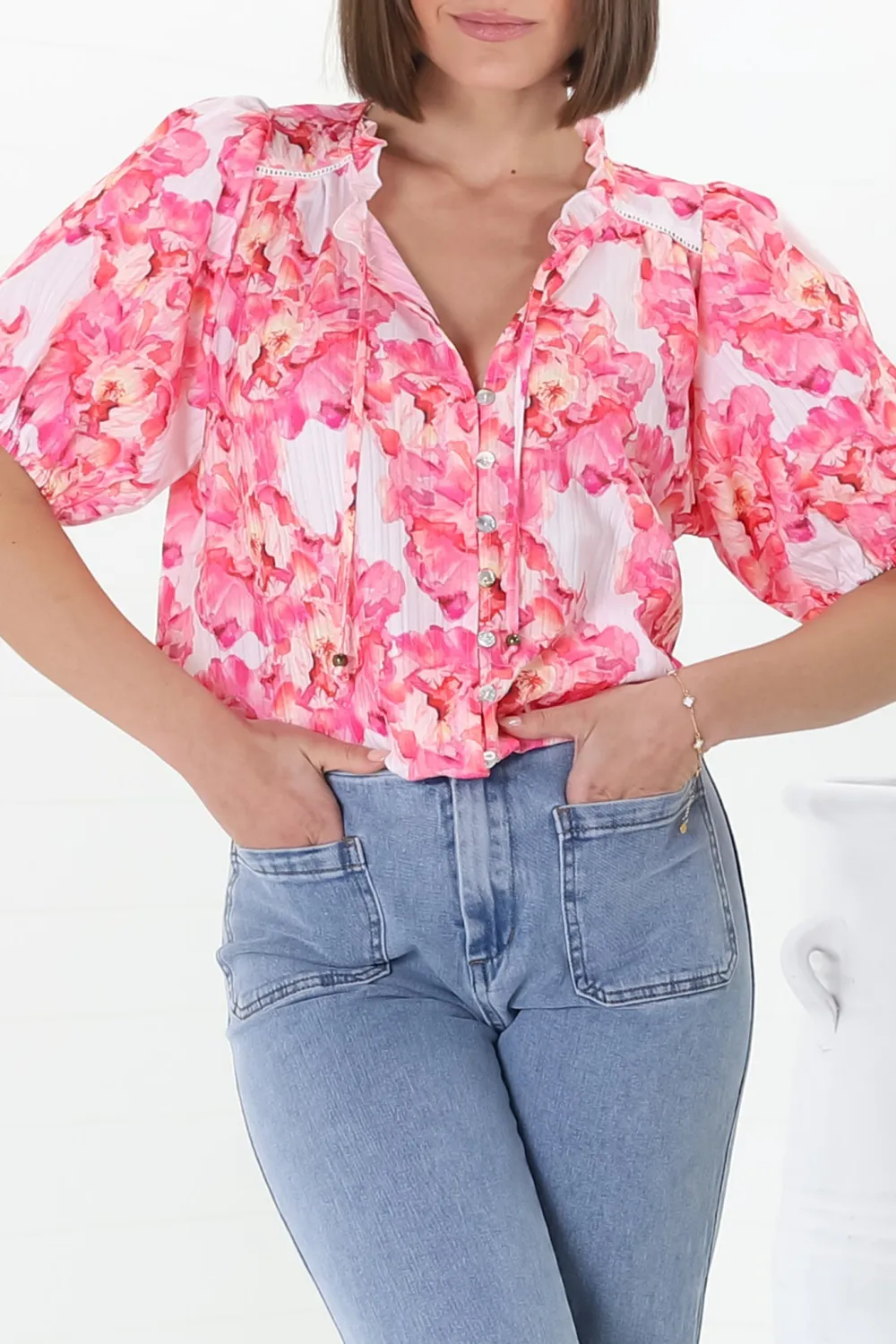 Pink Floral Print V Neck Puff Sleeve Top