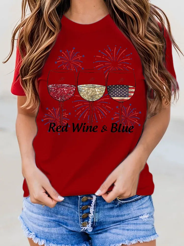 Red Wine Blue Print Round-Neck Short-Sleeved T-Shirt