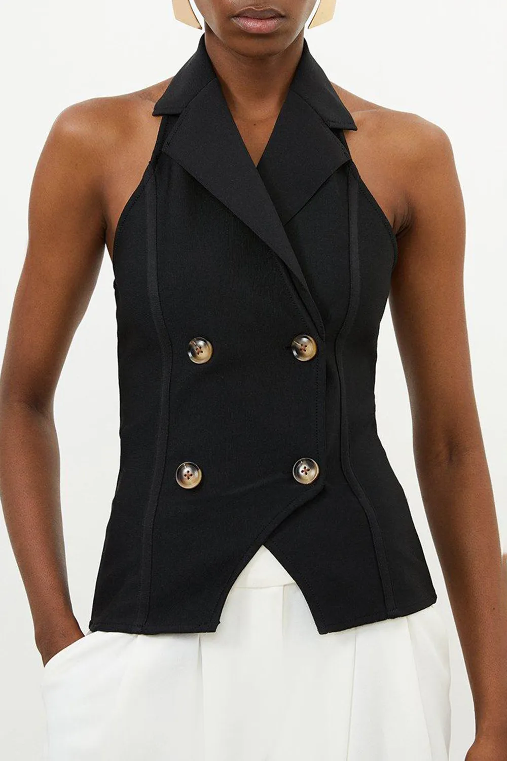 Halter Neck Button Front Bandage Knit Top