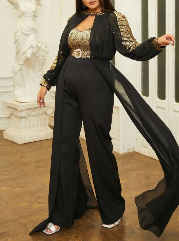 Plus Size Panel Ribbon Lantern Sleeve Jumpsuits