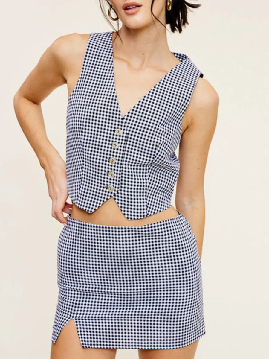 Black And White Plaid Button Vest