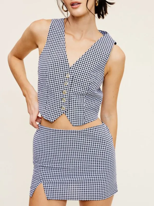 Black And White Plaid Button Vest