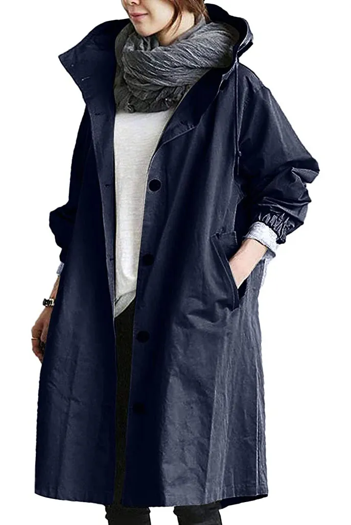Solid Single Breasted Buttons Hooded Trench Coat