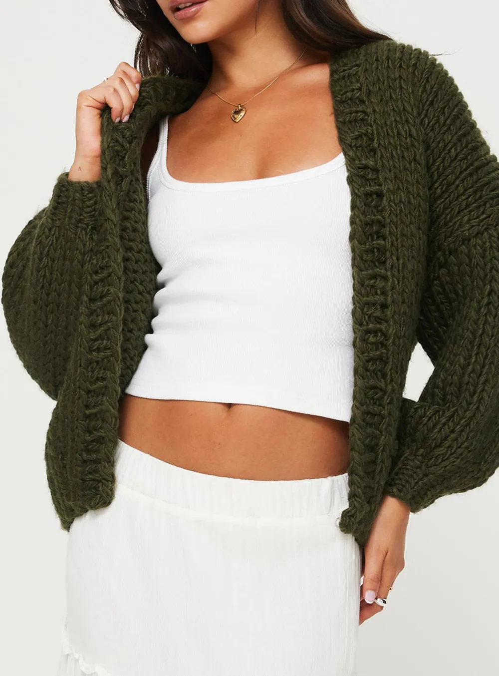Balloon Sleeves Knit Cardigan Olive