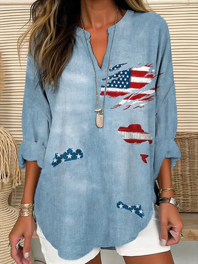 Women'S Damaged Stars And Stripes Print V-Neck Long-Sleeved Shirt