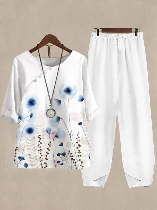 Women's Shirt Pants Sets Floral White Pink Blue Print Short Sleeve Casual Daily Daily Basic Crew Neck Regular Fit Fall & Winter