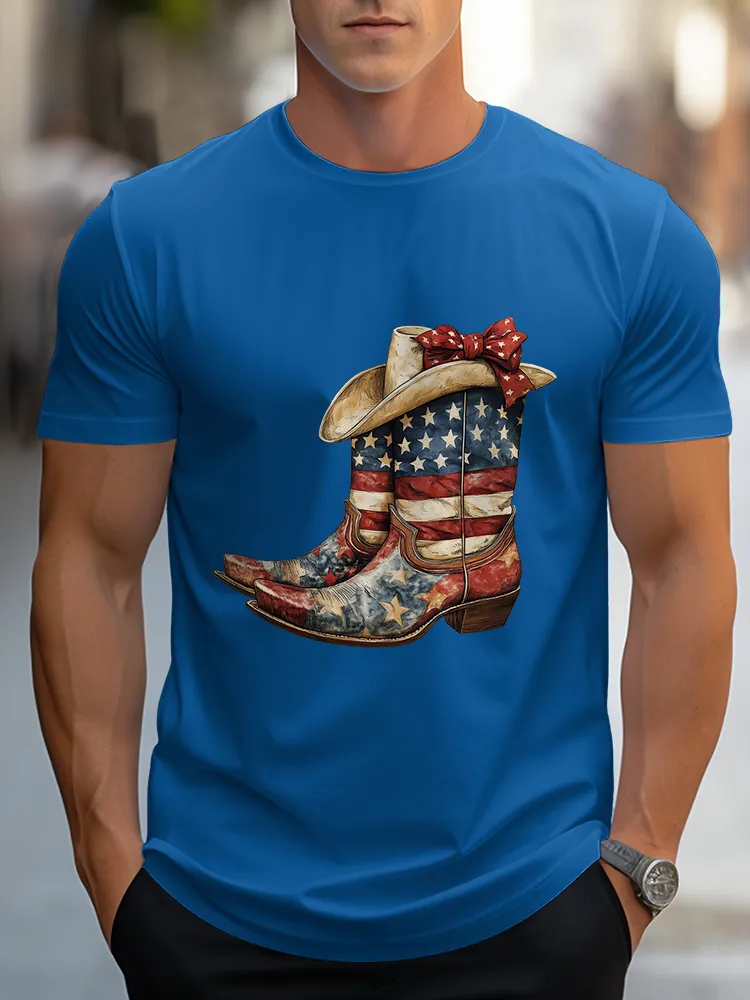 Man'S Star-Striped Western Boot Print Round-Neck Short-Sleeved T-Shirt