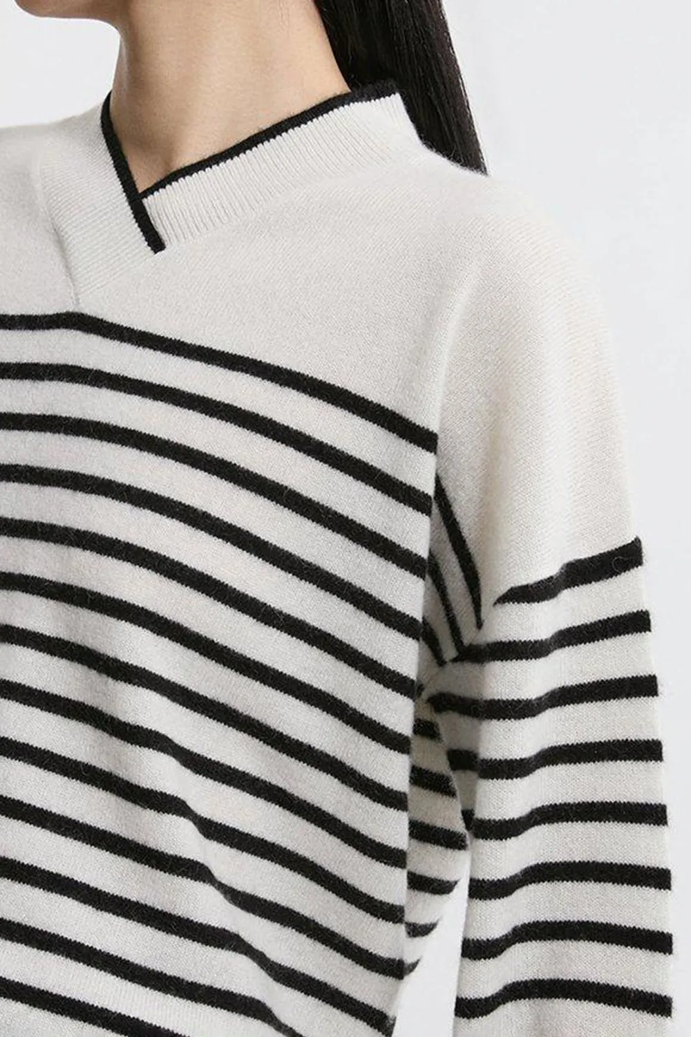 Cashmere Knitted V Neck Contrast Wrap Striped Jumper