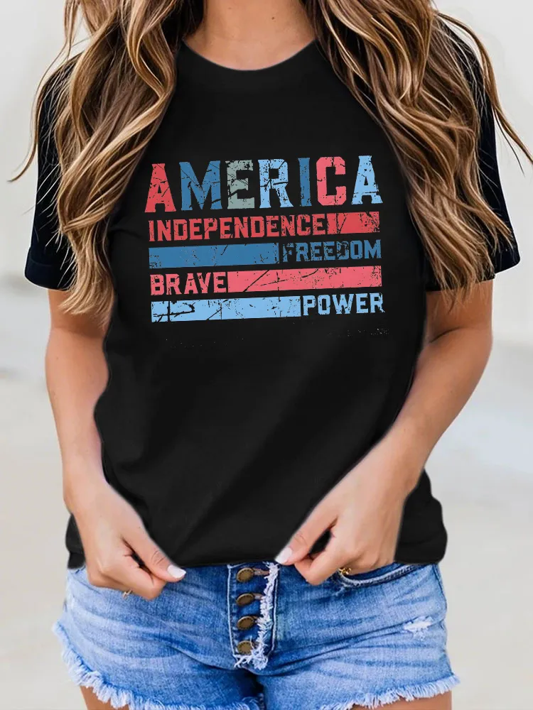 Woman'S America Independence Freedom Brave Power Round-Neck Short-Sleeved T-Shirt
