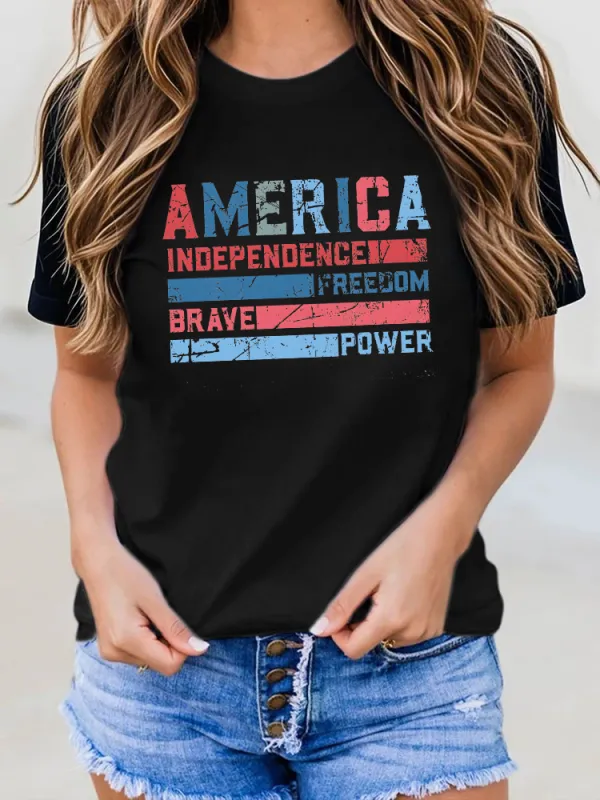 Woman'S America Independence Freedom Brave Power Round-Neck Short-Sleeved T-Shirt