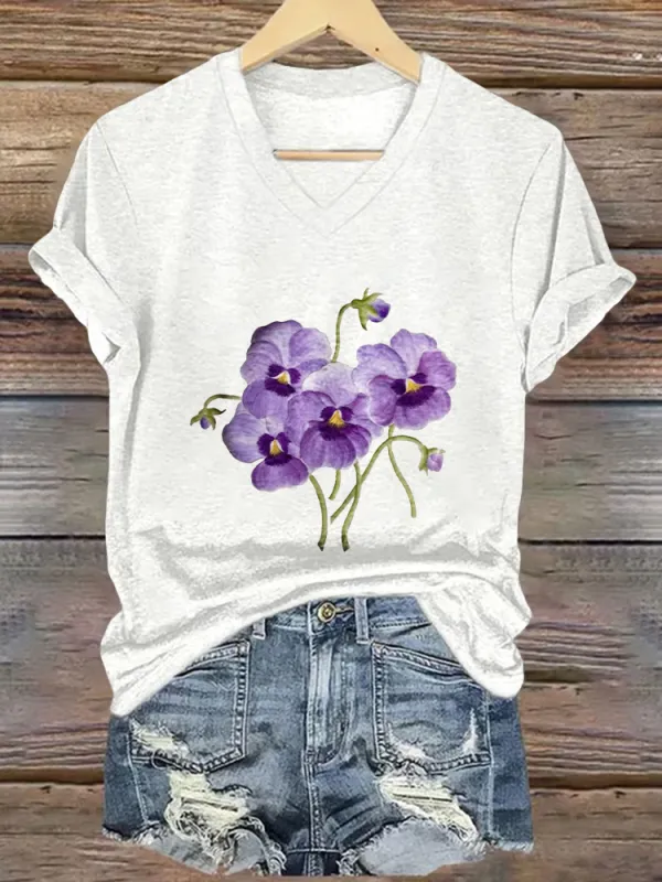 Women'S Floral Print Alzheimer'S Awareness V-Neck Short-Sleeved T-Shirt