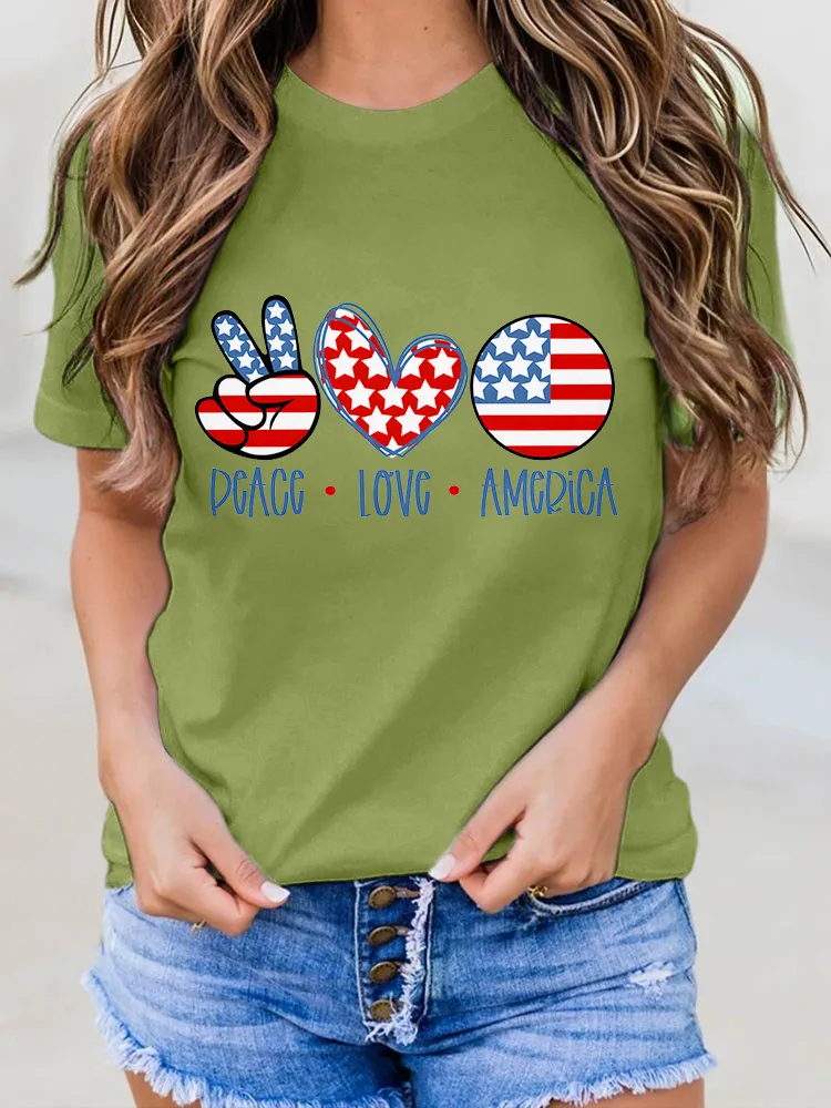 Woman'S Peace Love America Round-Neck Short-Sleeved T-Shirt