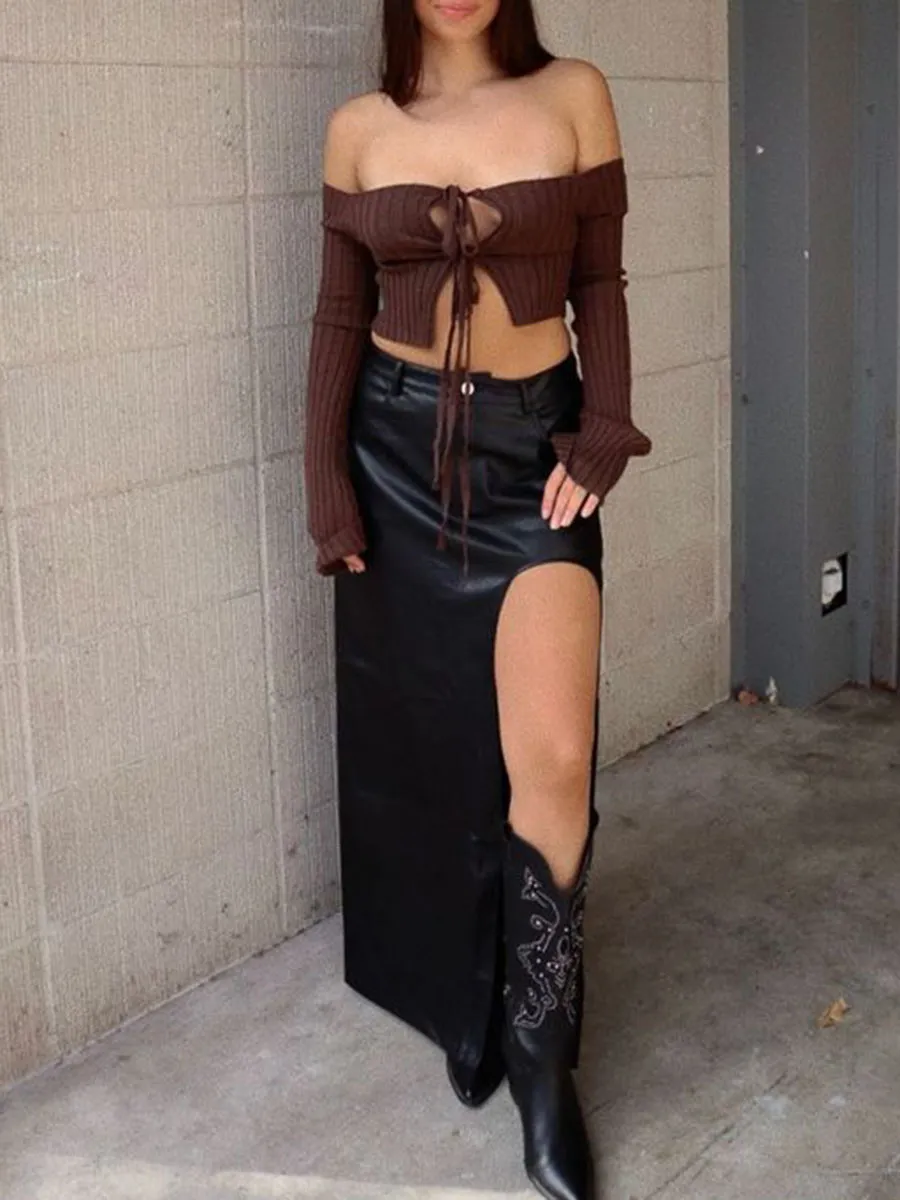 Faux Leather High Slit Midi Skirt