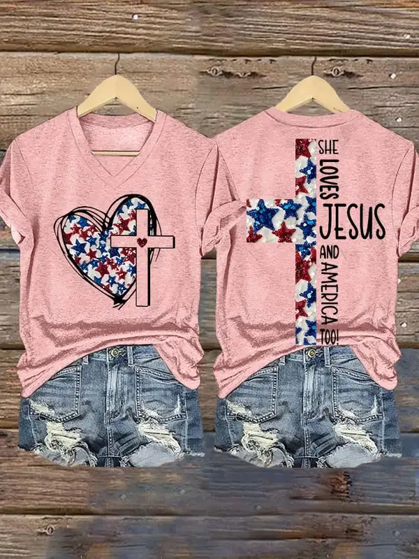 Woman'S She Loves Jesus And America Too! V-Neck Short-Sleeve T-Shirt