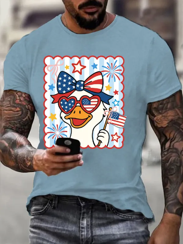 Men'S Independence Day Big White Goose Bow National Flag Round-Neck Short-Sleeved T-Shirt