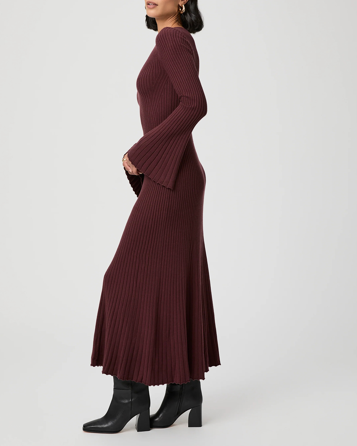 Burgundy Ribbed Long Sleeve Maxi Dress