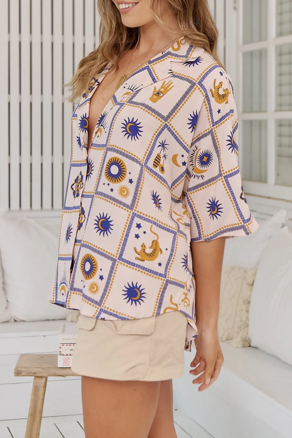 White Blue Patterned V Neck Half Sleeve Shirt