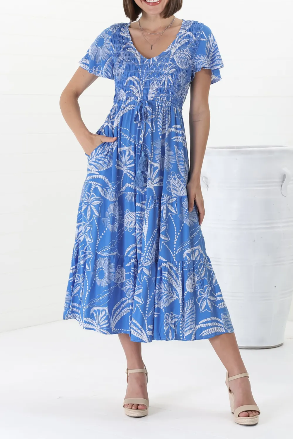 Blue Floral Print Flutter Sleeve Midi Dress