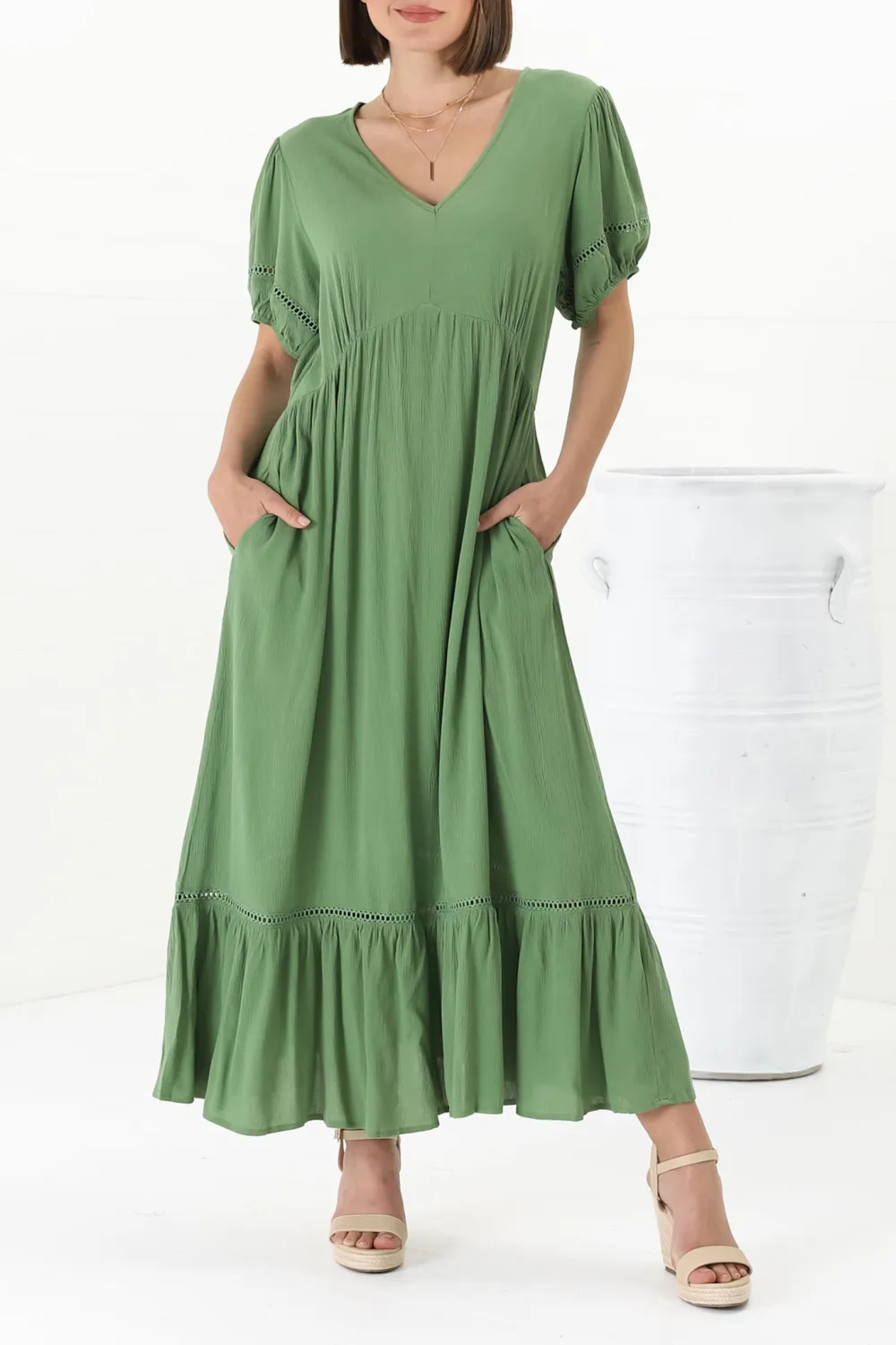 Green V Neck Short Sleeve Ruffled Maxi Dress
