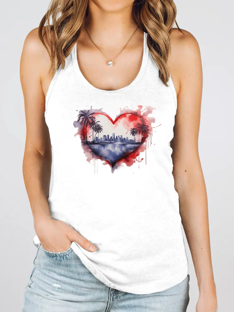 Women'S Heart-Shaped Landscape Painting Print Round-Necked Sleeveless Vest