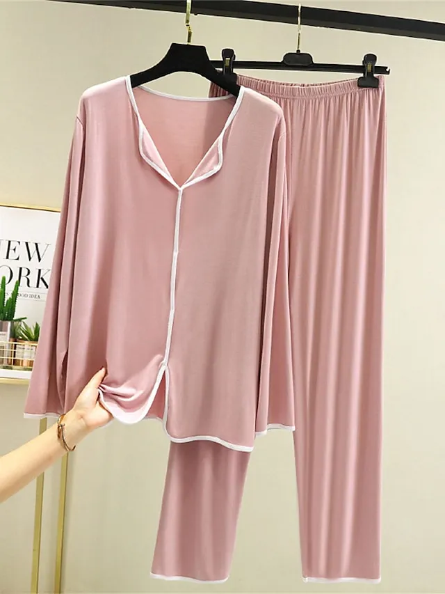 Women's Pajamas Pajama Top and Pant Sets 2 Pieces Pure Color Fashion Casual Soft Home Daily Bed Modal Breathable Lapel Long Sleeve Pant Summer Spring Yellow Pink